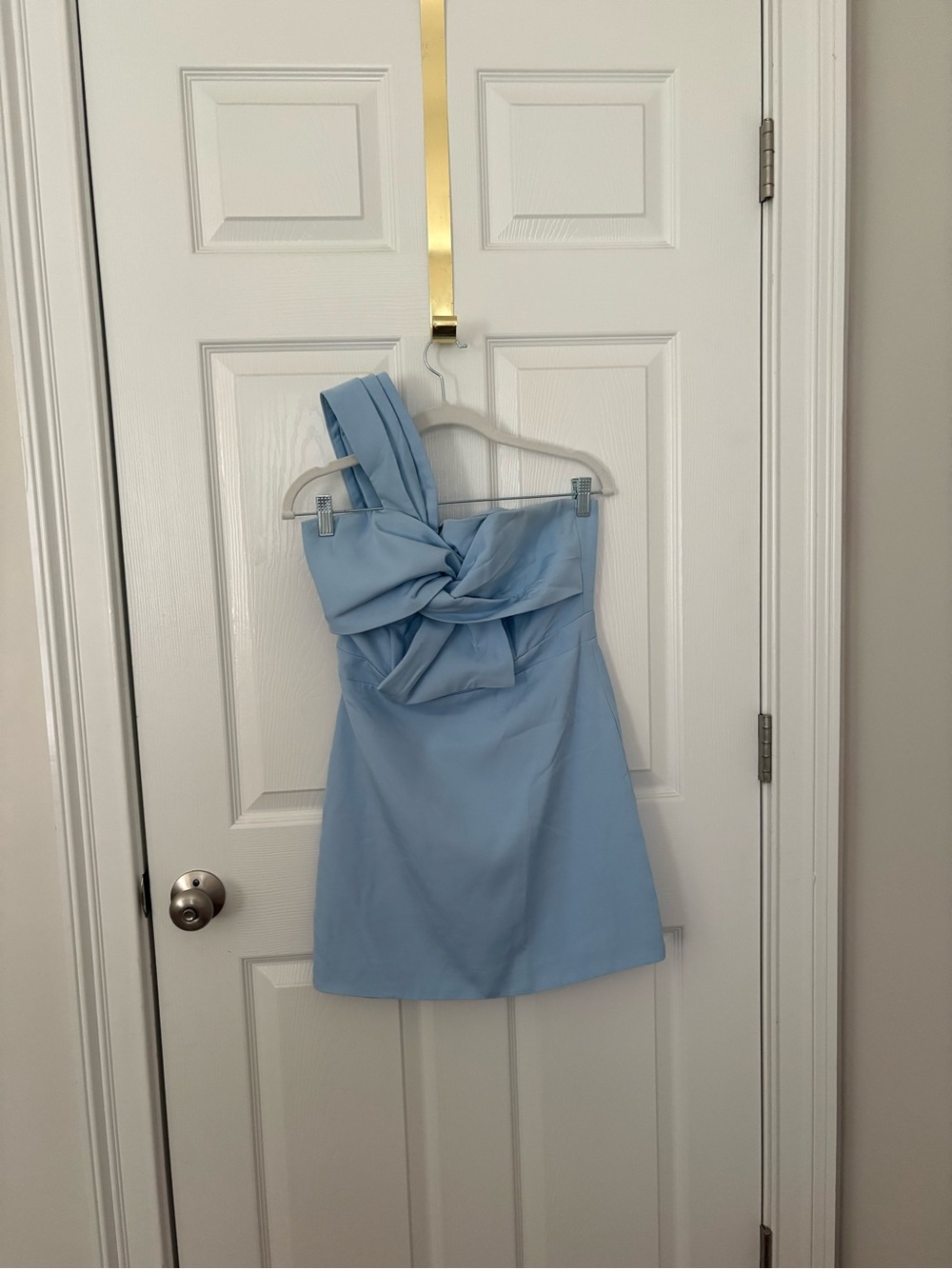 American Threads Light Blue One-Shoulder Bow Mini Dress